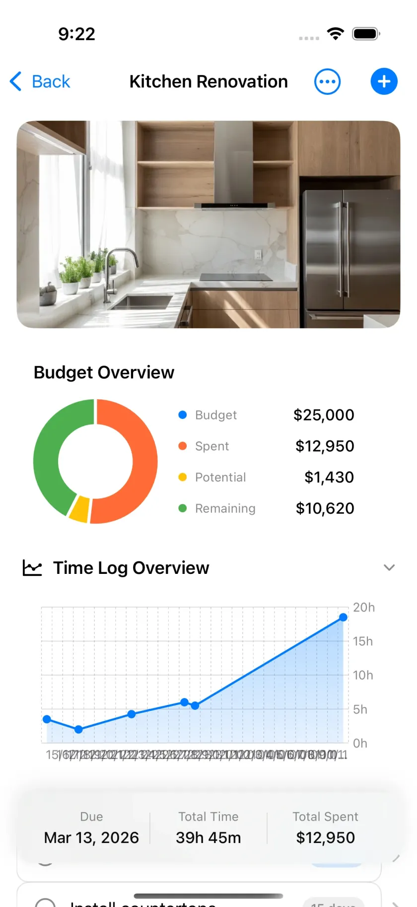 The Home Stories budget screen: a running total split across materials, labour and contractor