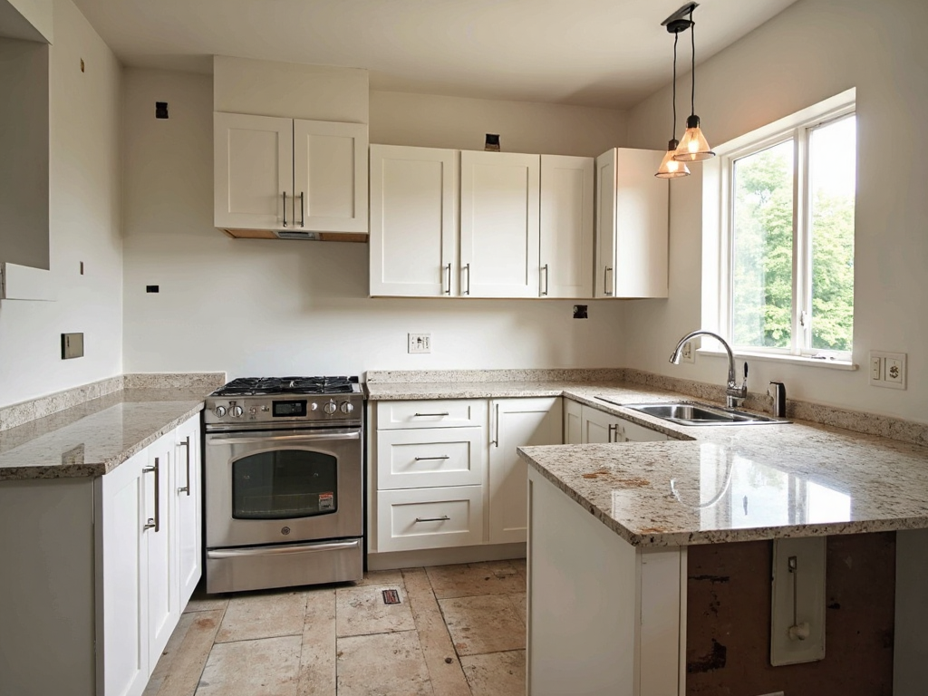 A kitchen with new white cabinets and stone worktops fitted, the floor still unfinished