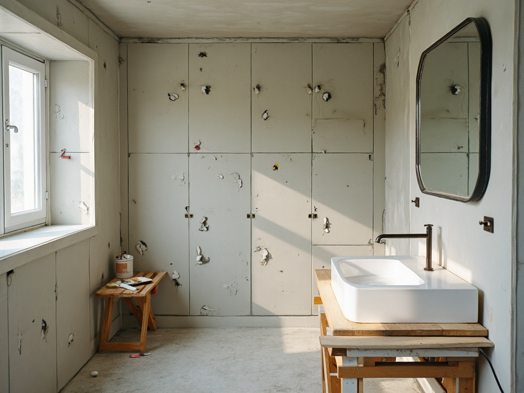 A gutted bathroom with patched, pockmarked walls and a basin balanced on a timber trestle