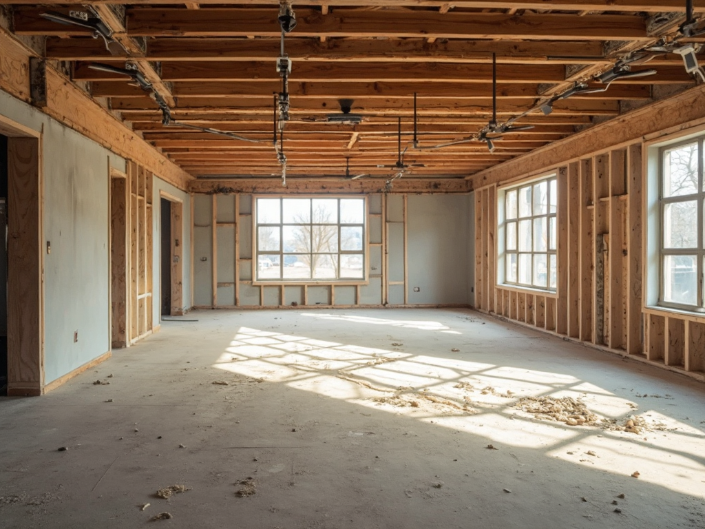 A room stripped back to timber studs and ceiling joists, with wiring run and windows unfinished