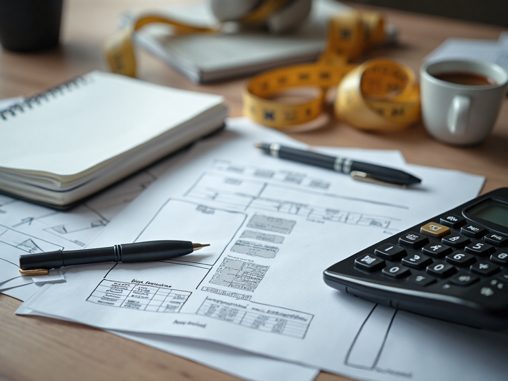 Floor plans on a desk with a calculator, tape measure, notebook and pen