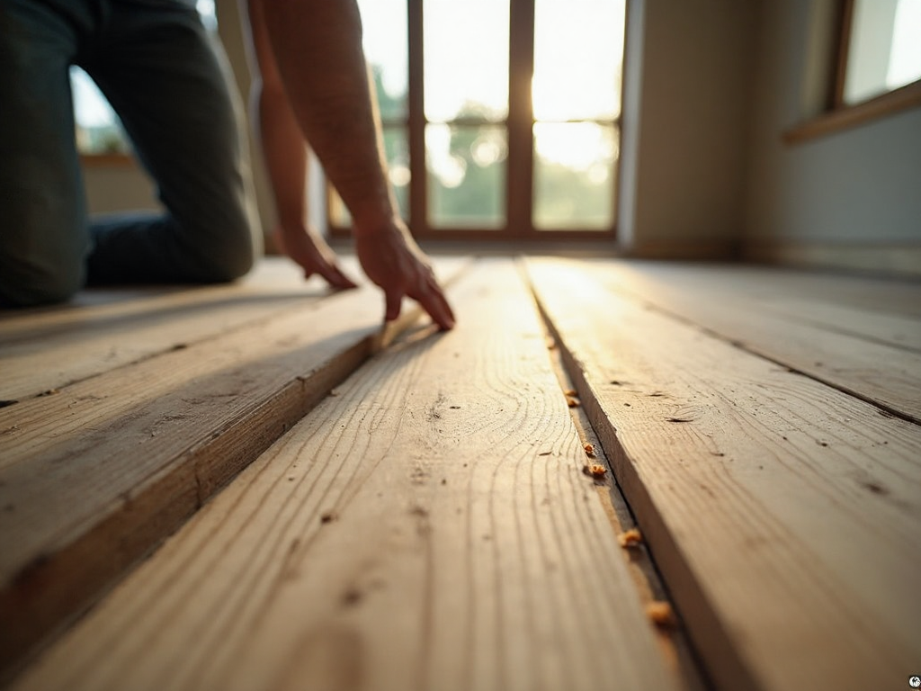 A close-up of a renovator's hand resting on stripped, unfinished floorboards in a sunlit room