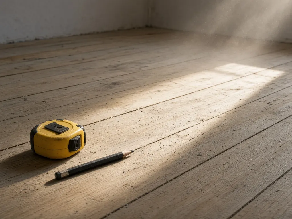 Stripped unfinished pine floorboards in a sunbeam, with a tape measure and a carpenter's pencil resting on them