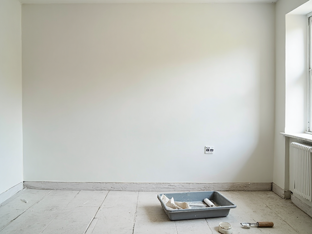 An empty room freshly painted white, with a paint tray and roller left on the floor