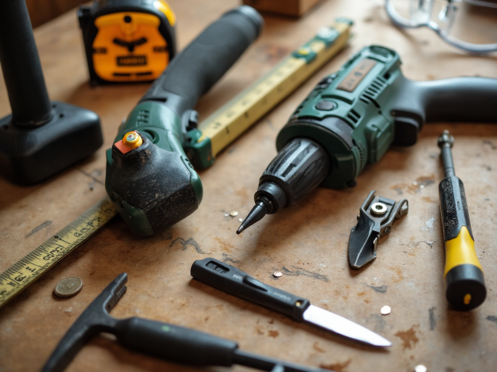 Power tools, tape measures and a hammer laid out across a worn workbench