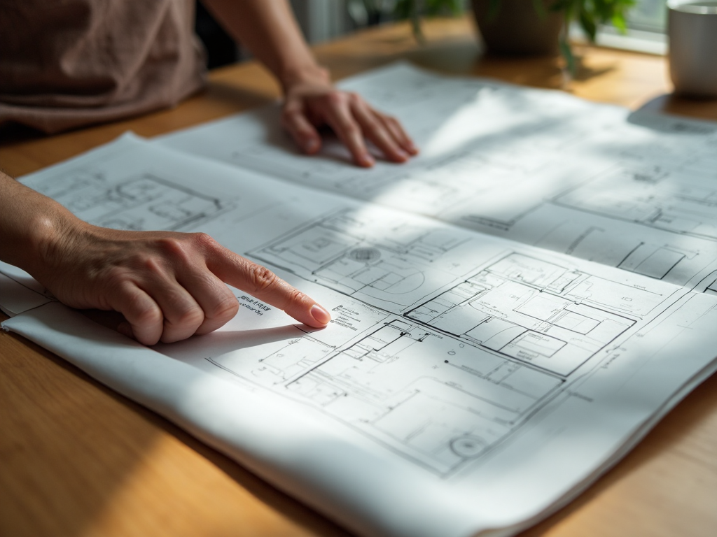 Two hands tracing a line across architectural drawings spread over a table
