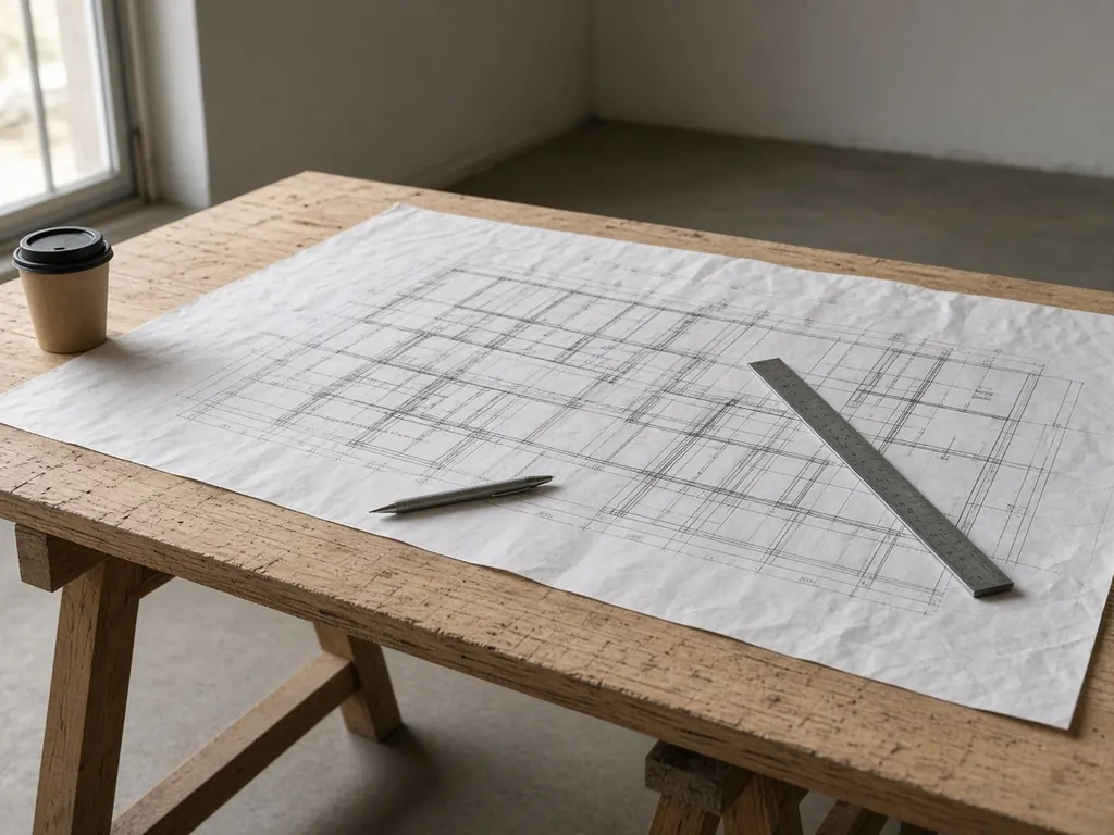 Architectural drawings spread on plywood over a sawhorse, with a pencil, a scale ruler, and a coffee cup