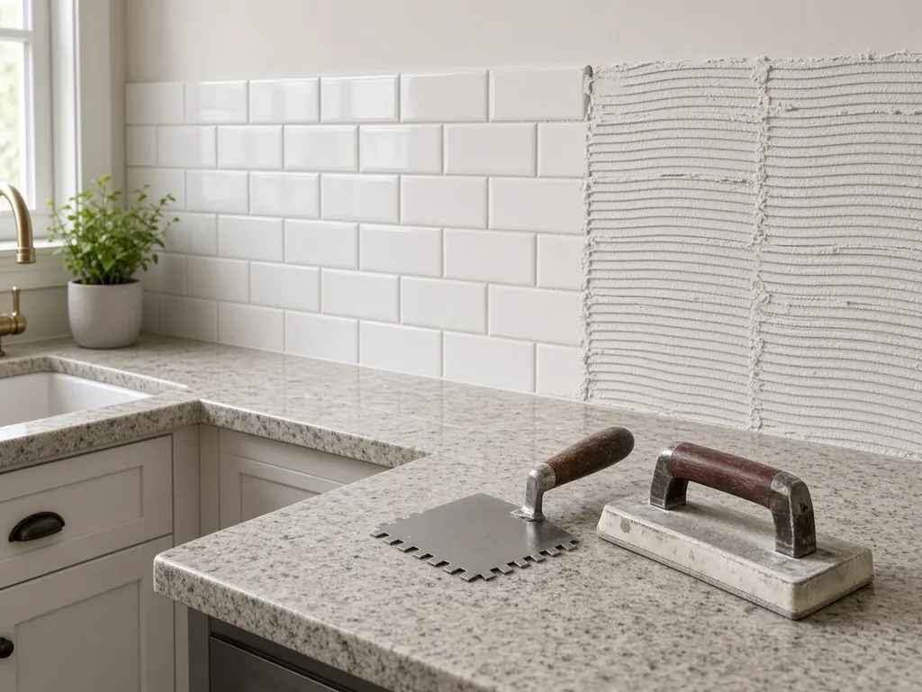 A partly installed white subway-tile backsplash with a notched trowel and grout float resting on the worktop