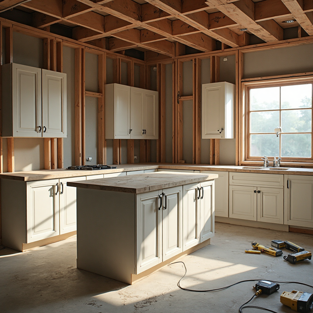 A kitchen with exposed wall framing and an unfinished countertop, tools on the floor