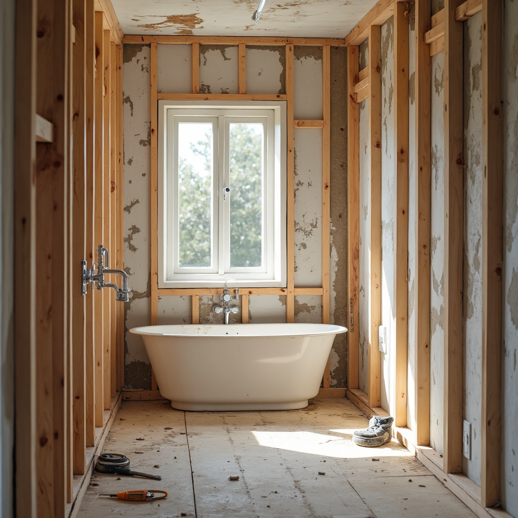 A bathroom mid-renovation with exposed wall framing, visible plumbing pipes, and tools on the floor