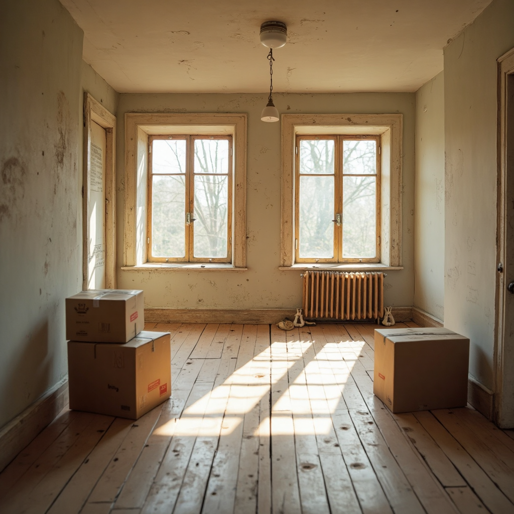 An empty room in a newly purchased older house with soft morning light, bare walls, and a single cardboard box near a window