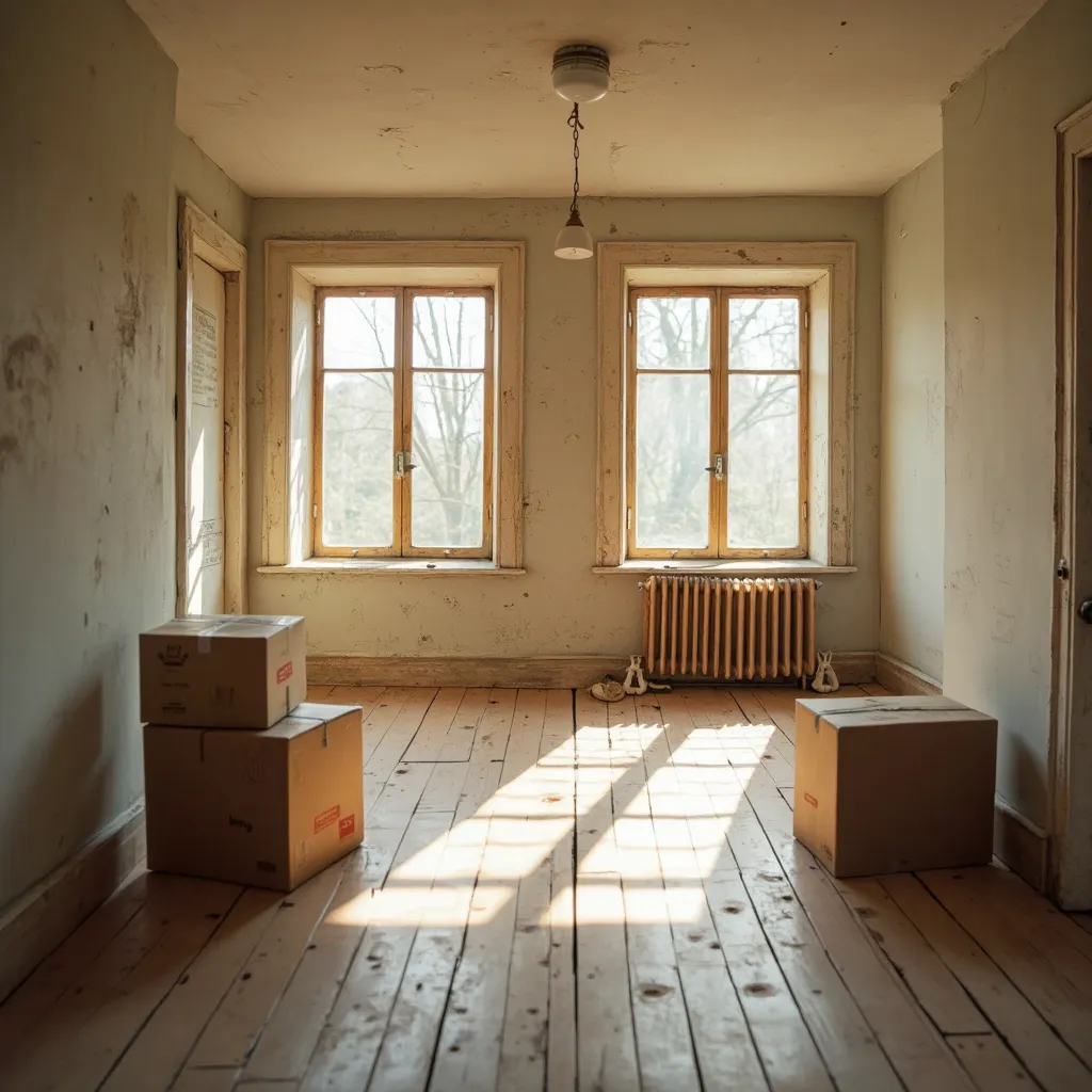 An empty room in a newly purchased older house with soft morning light, bare walls, and a single cardboard box near a window