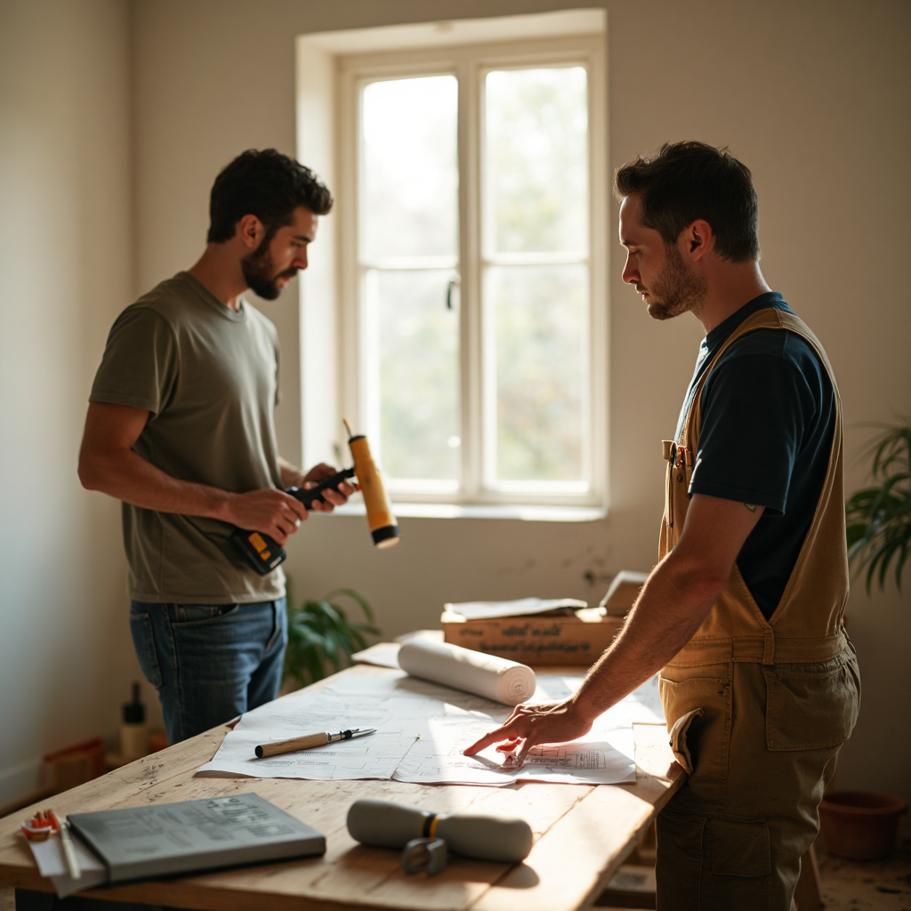 A person in casual work clothes holding a drill, standing in a room mid-renovation with tools laid out on a sawhorse, natural window light