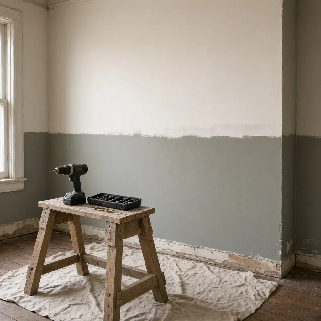 A cordless drill, driver bits, and screws resting on a sawhorse in a room with one wall half painted