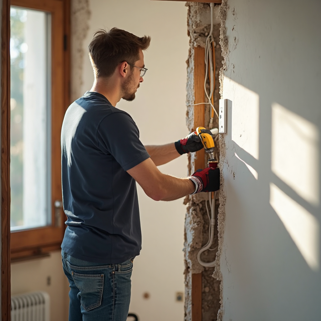 An electrician working at an open wall socket in a partly renovated room, with new cables visible