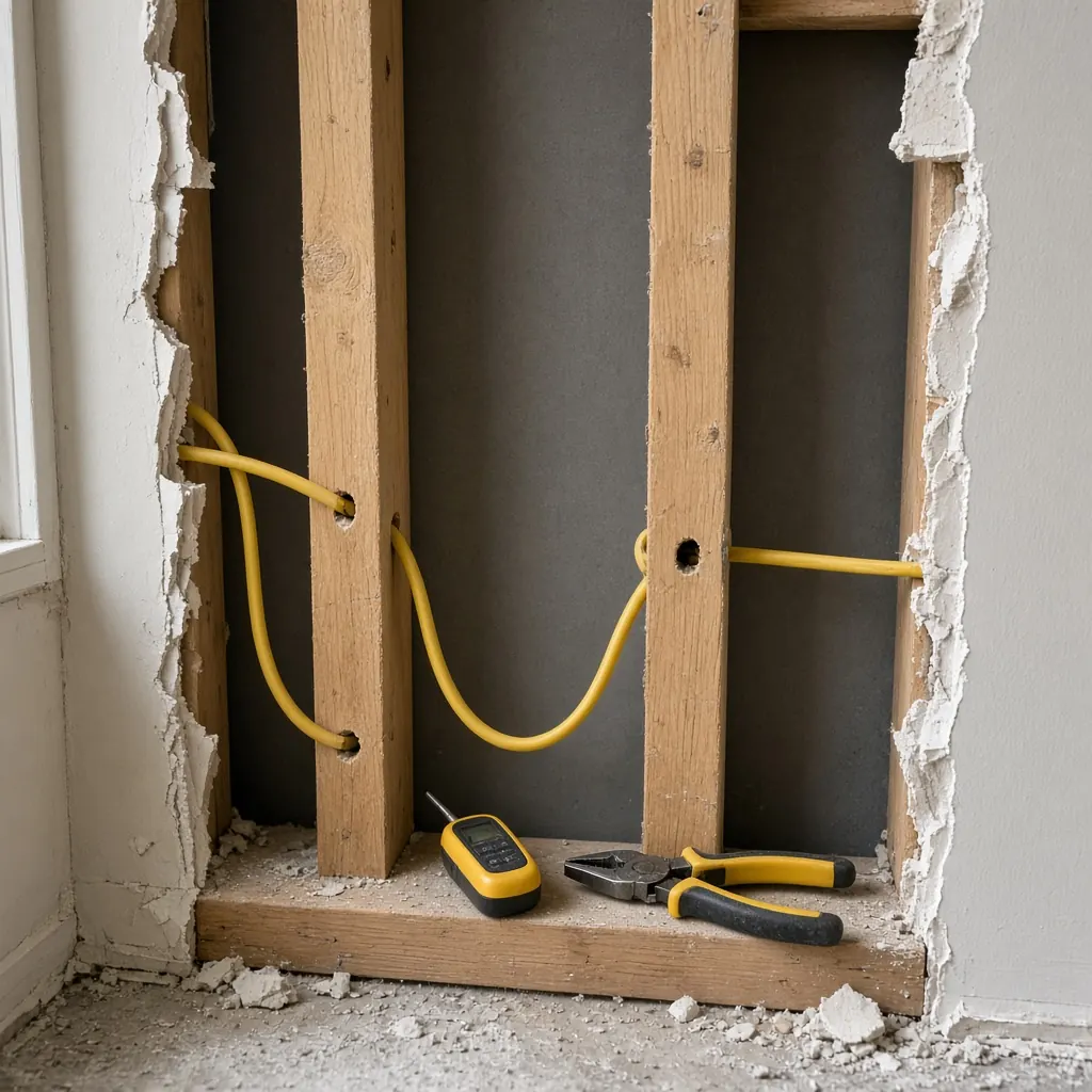 An opened interior wall with new electrical cable, a voltage tester, and wire strippers resting on the studs