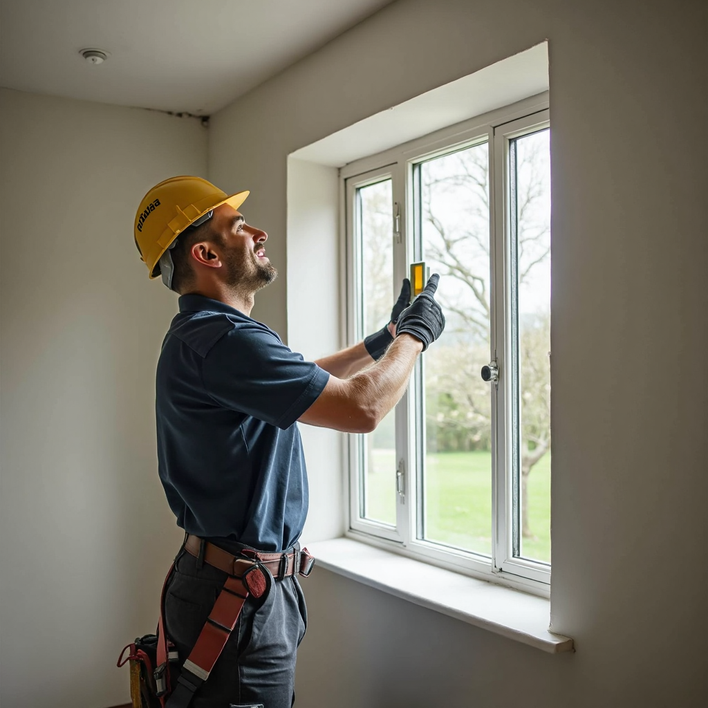A worker fitting a new double-glazed window into an exposed wall opening on a residential property