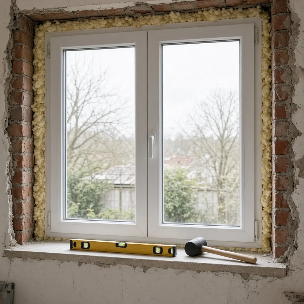A new white window set into an opened wall, with expanding foam at the edges and a spirit level and mallet on the sill