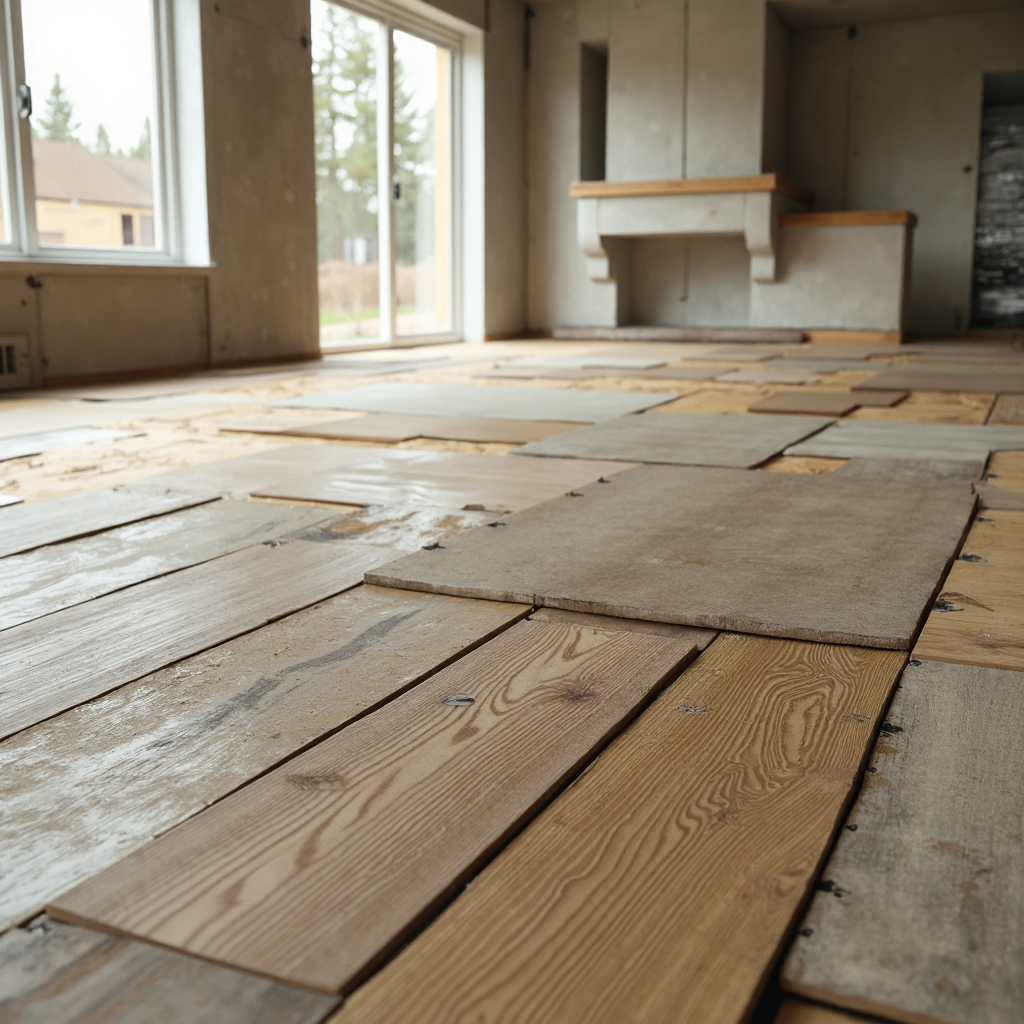 An open living room with subfloor exposed and several types of flooring samples laid out in a row