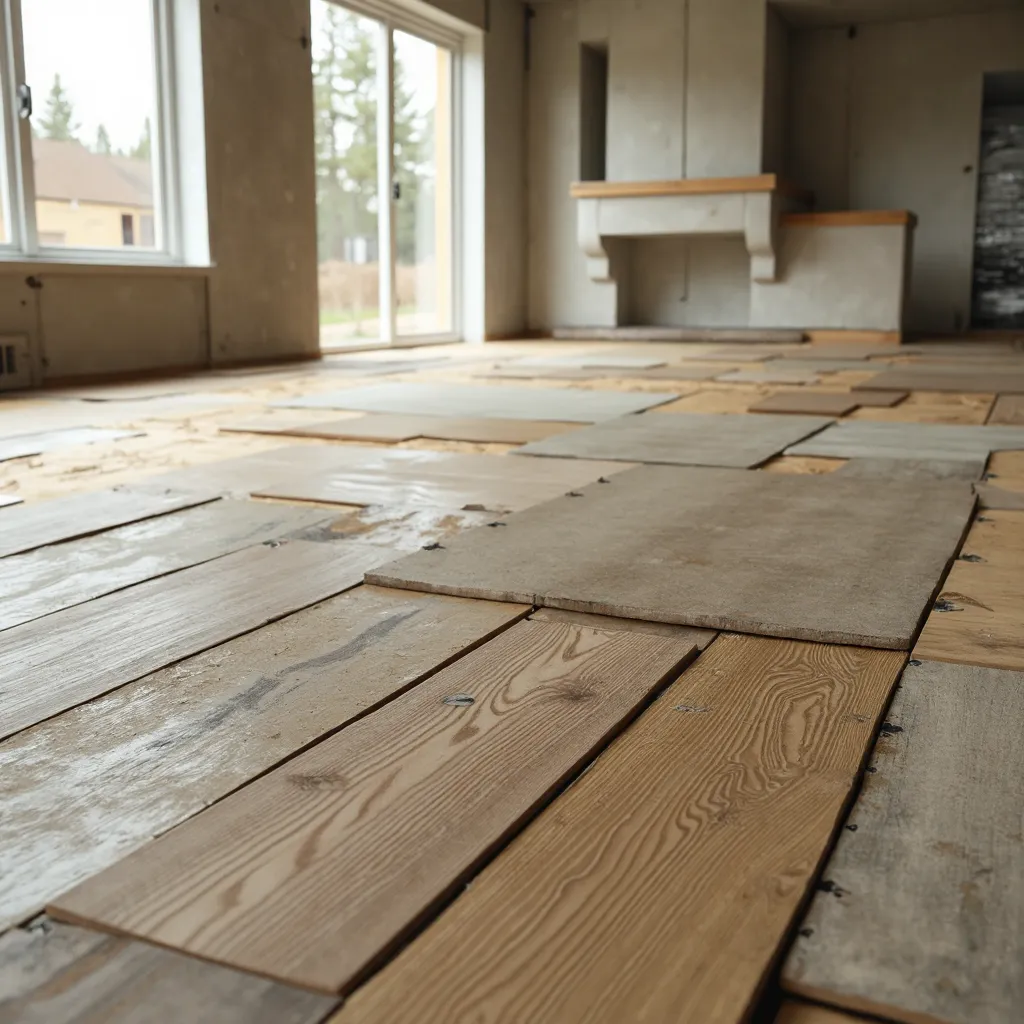An open living room with subfloor exposed and several types of flooring samples laid out in a row