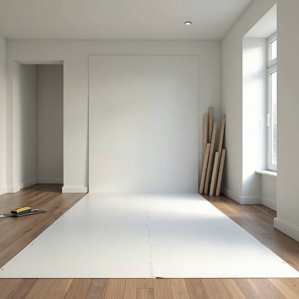 A room with underlayment fully laid out and rolls of laminate flooring stacked against the wall, tools ready at the doorway