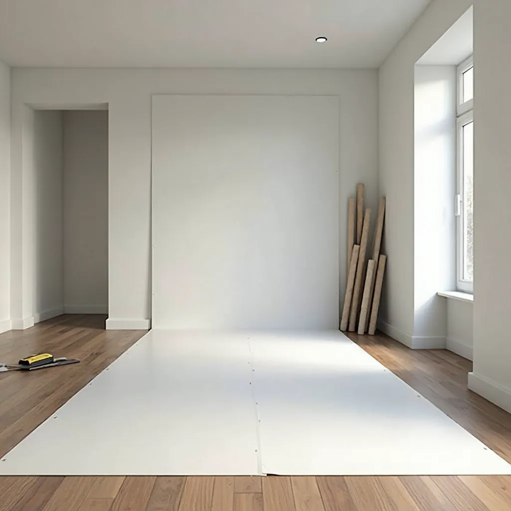 A room with underlayment fully laid out and rolls of laminate flooring stacked against the wall, tools ready at the doorway