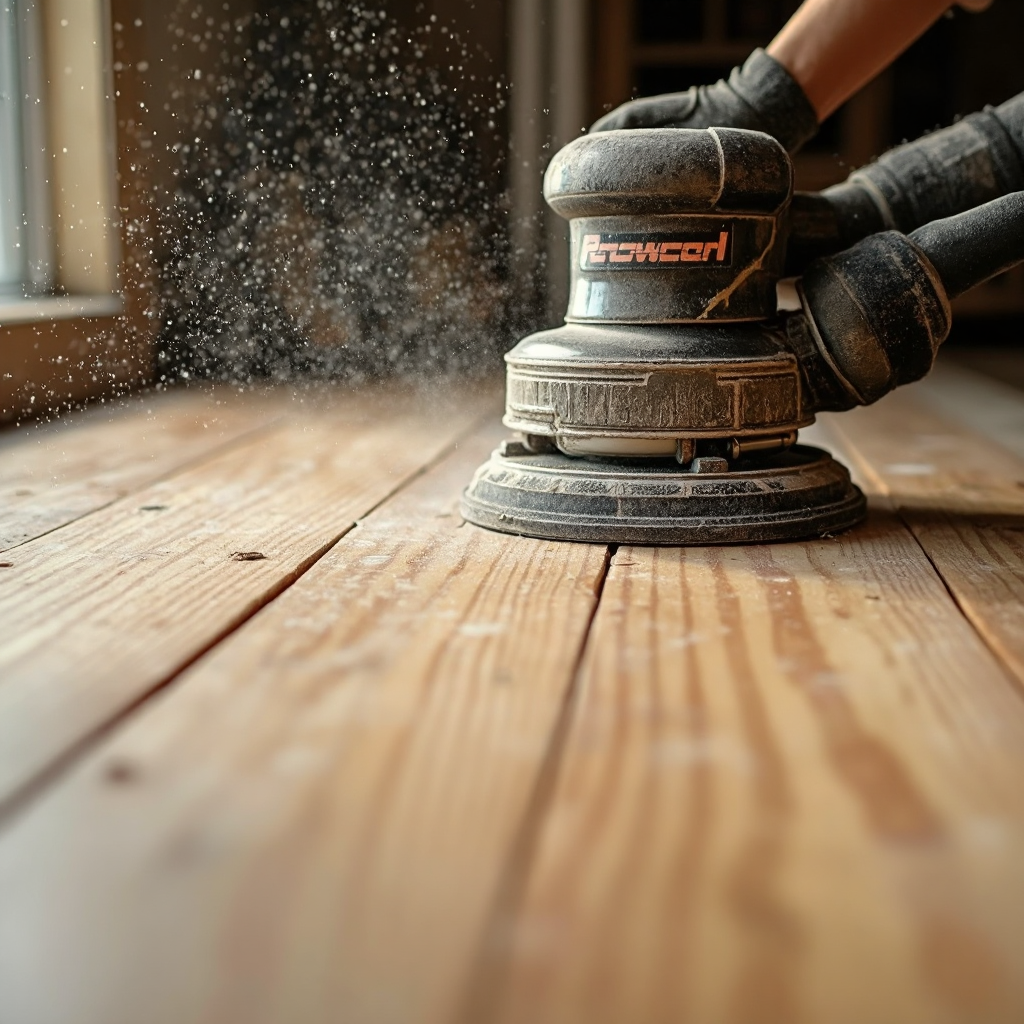 Close-up of a hardwood floor being sanded, with fine dust in the air and the sander mid-pass