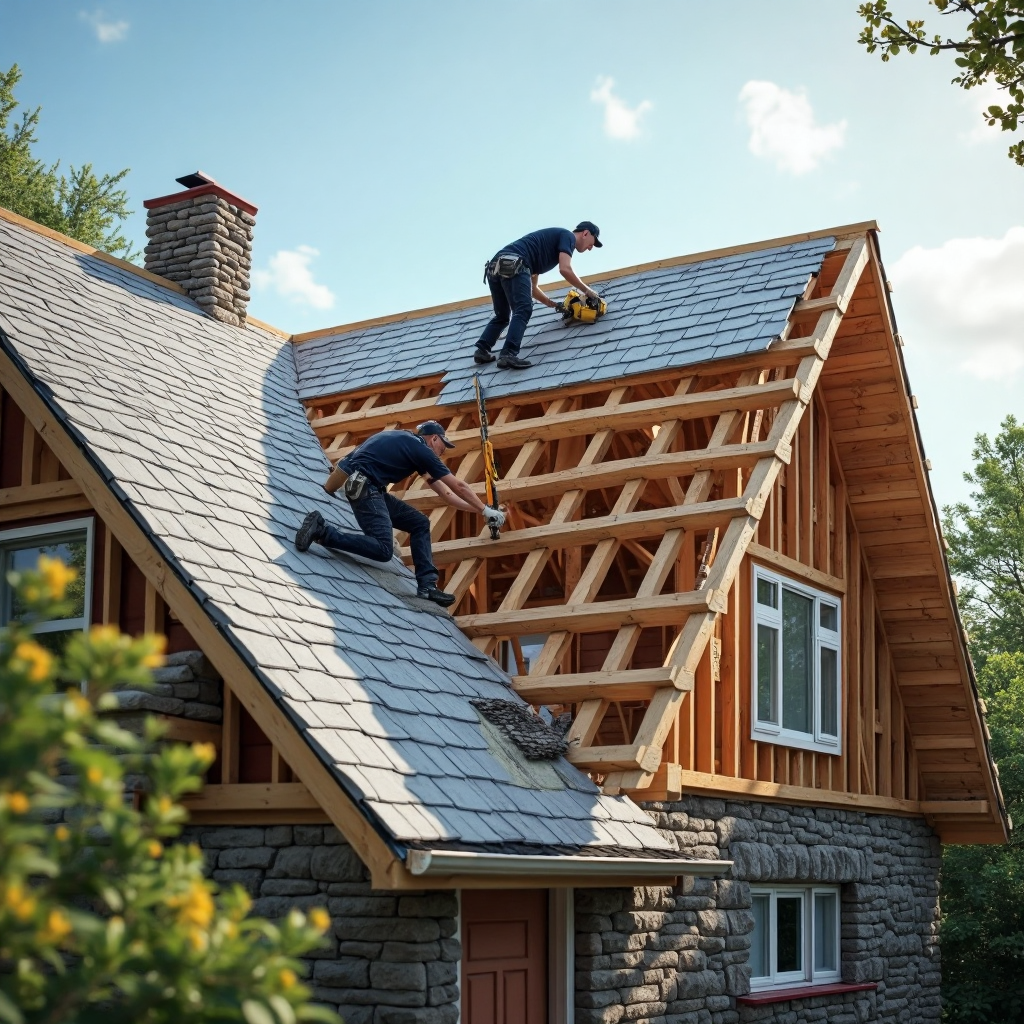 Workers installing new asphalt shingles on a residential roof under clear daylight