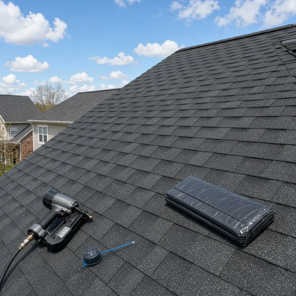 Fresh asphalt shingles on a residential roof, with a roofing nailer, chalk line, and a bundle of shingles on the deck