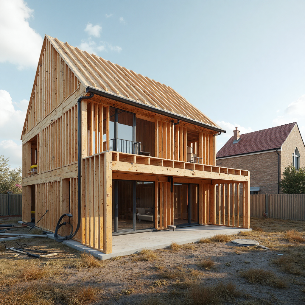 A timber-framed single-storey house extension under construction against a clear sky