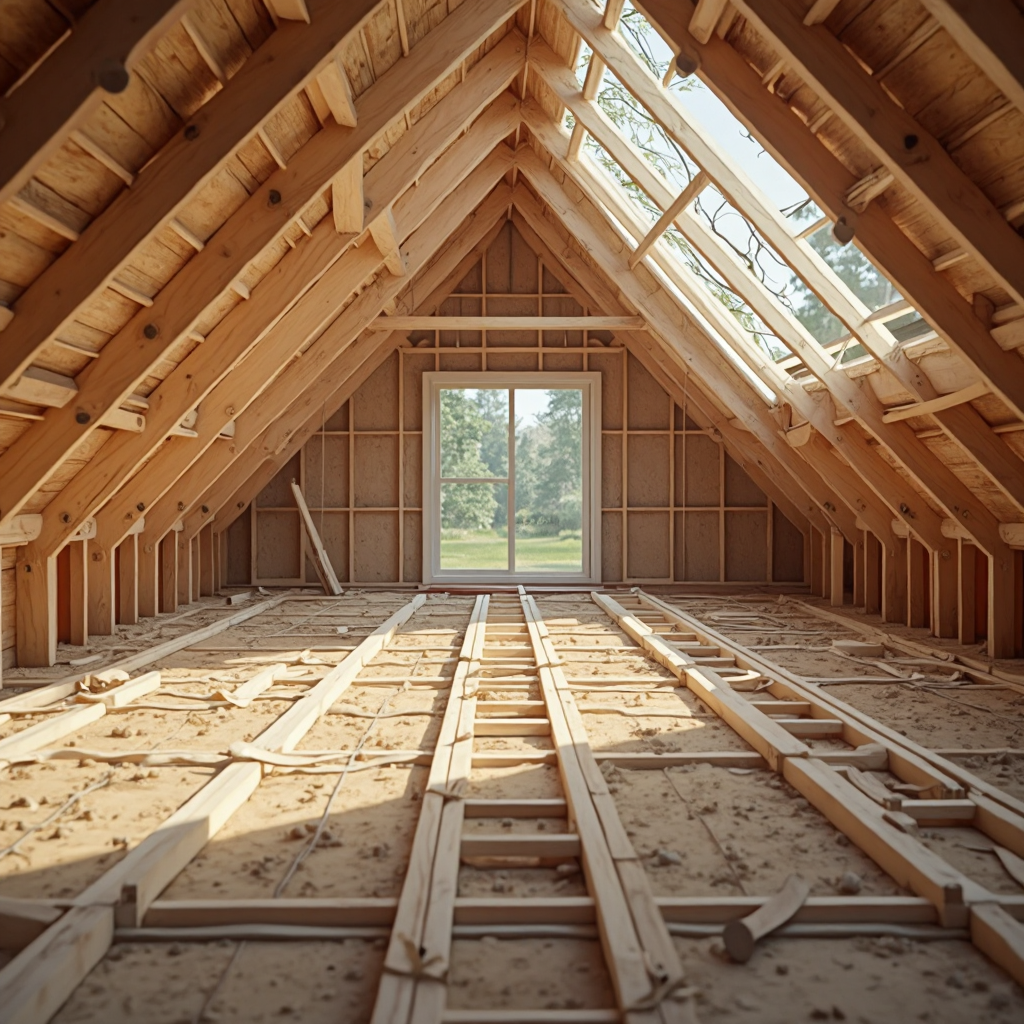 A timber-framed loft conversion under construction, showing exposed roof trusses and new floor joists