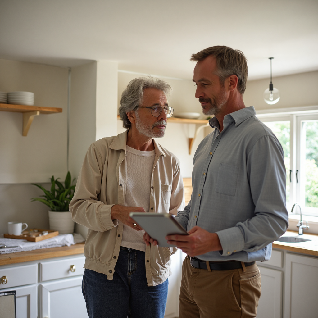 A homeowner standing in an open kitchen space, talking with a tradesperson who is pointing at plans on a tablet
