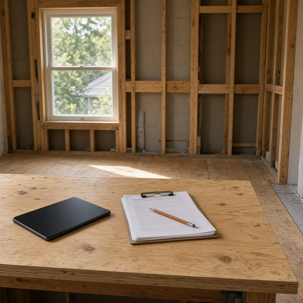 A plywood kitchen island in an unfinished kitchen, with a face-down tablet, a clipped stack of papers, and a pencil