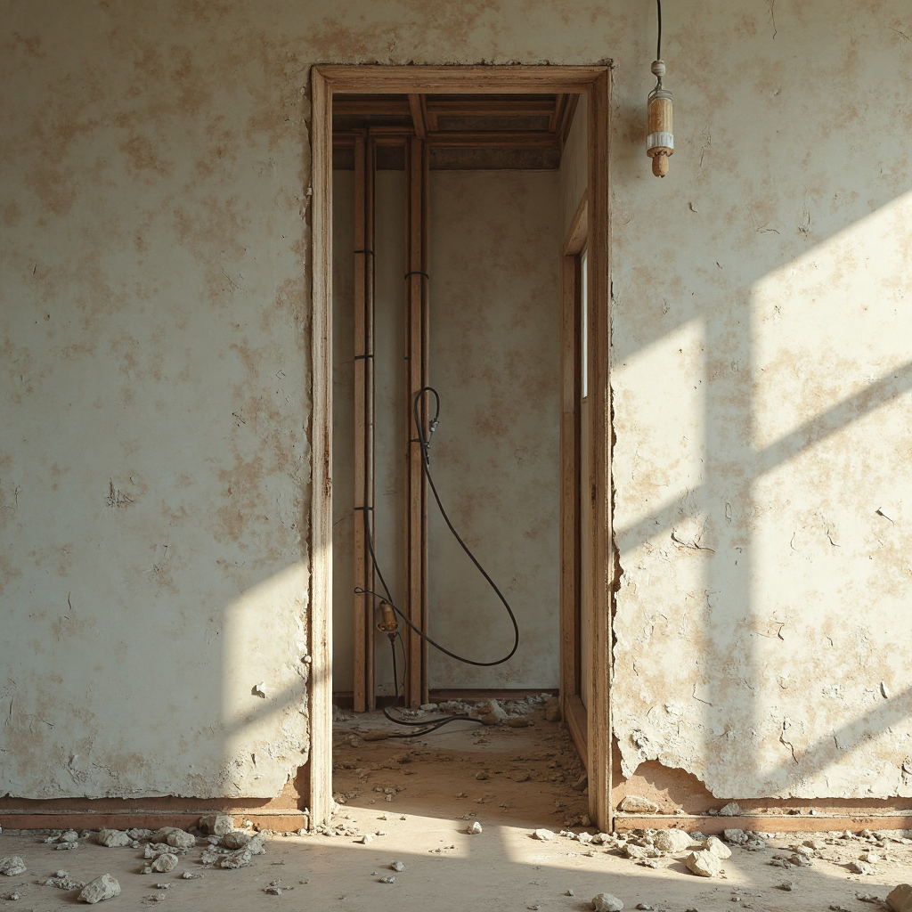 A mid-reno bathroom showing exposed wall studs, plumbing rough-ins, and a partially tiled wall — the look of a project in the middle of its sequence