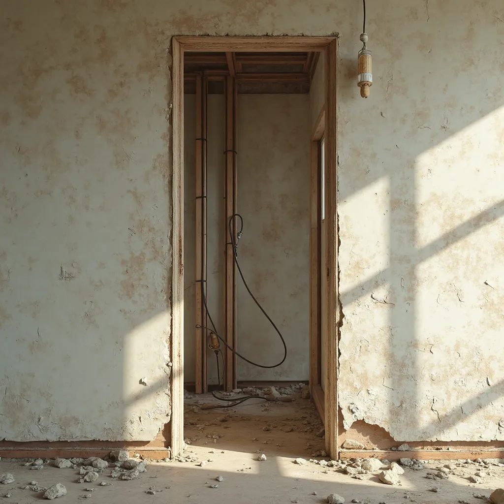 An open wall cavity in an older house, revealing outdated wiring and old pipes behind the plasterboard