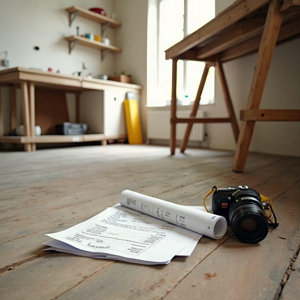 A rolled insurance document and a stack of receipts sitting on a bare floorboard in a mid-renovation kitchen, a camera on the workbench behind