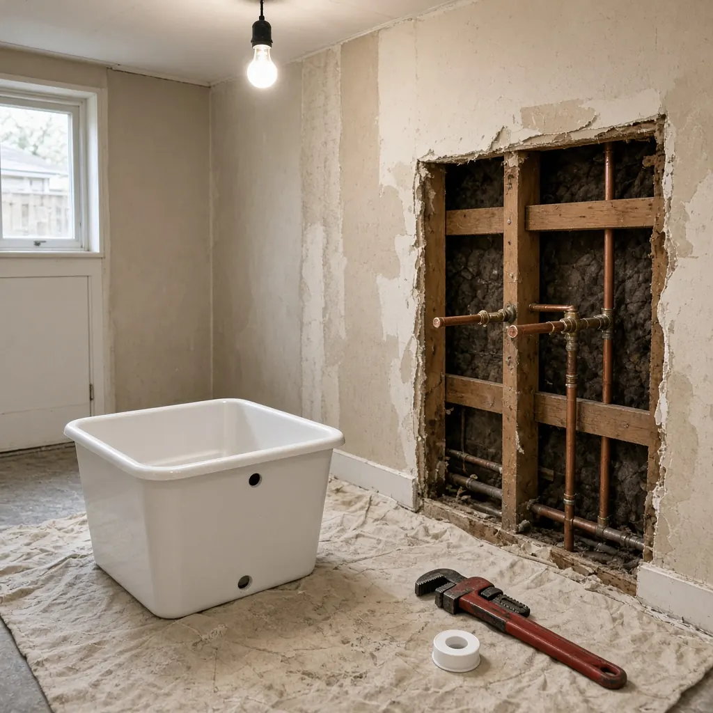 A new white bathtub standing in a bathroom under renovation, exposed wooden studs and copper pipes in the wall, a pipe wrench on a drop cloth, one bare bulb overhead