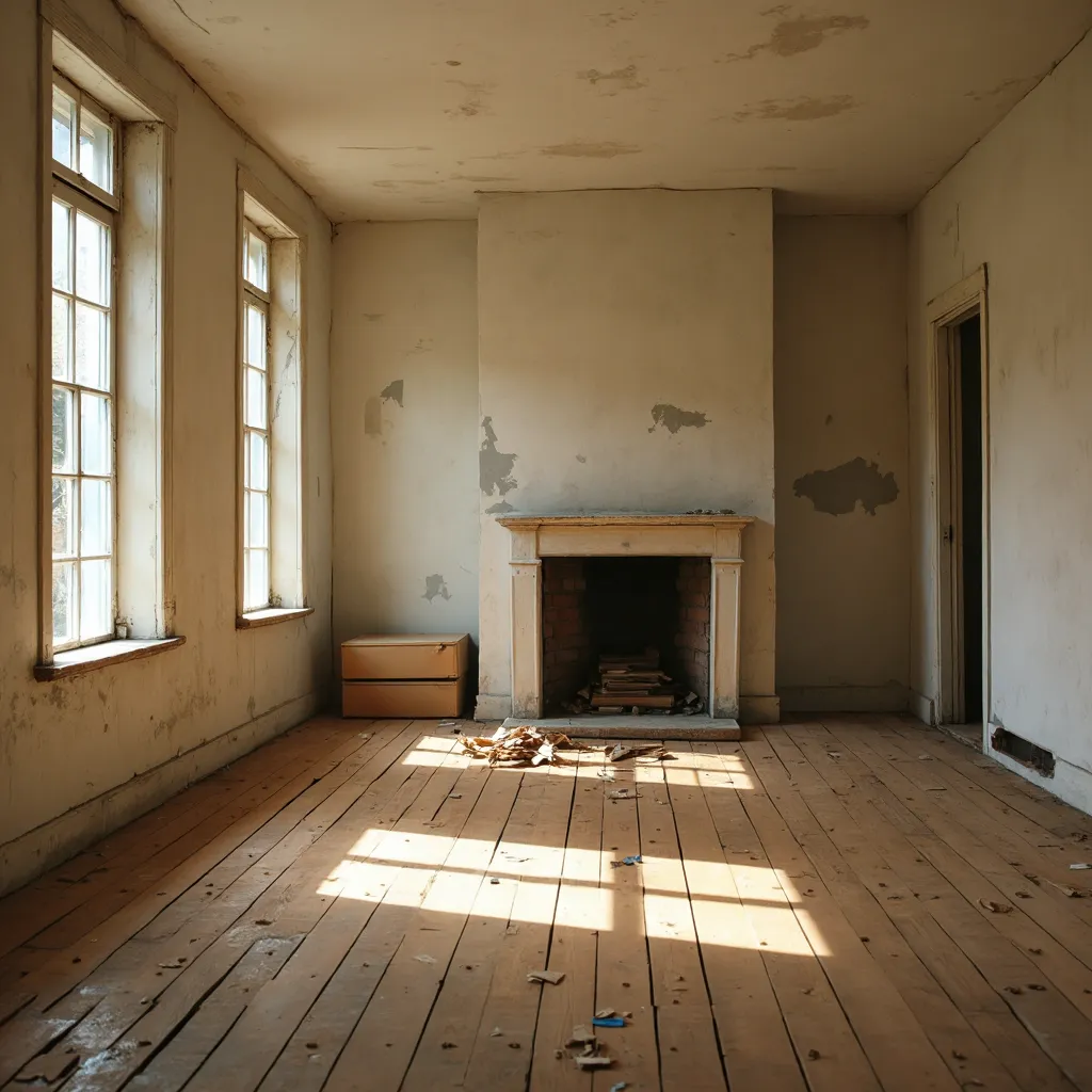 A wide shot of an older fixer-up living room on moving-in day: worn hardwood floors, patched bare plaster walls, a few unpacked cardboard boxes, warm late-afternoon light through the window