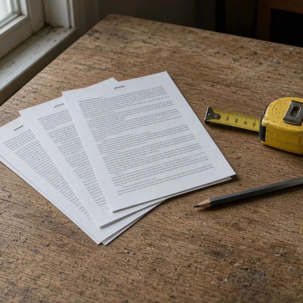 Three stapled paper quotes fanned out on a worn wooden kitchen table beside a tape measure and a pencil, in grey afternoon window light