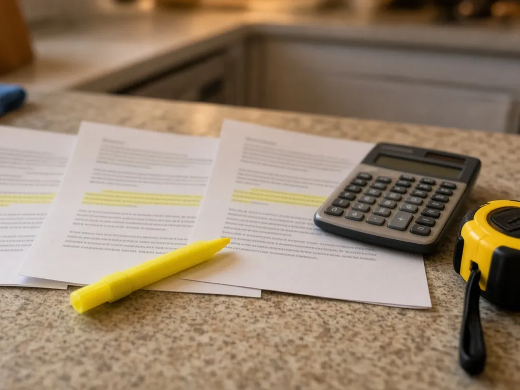 Three printed quotes laid side by side on a kitchen table with a highlighter, calculator and tape measure
