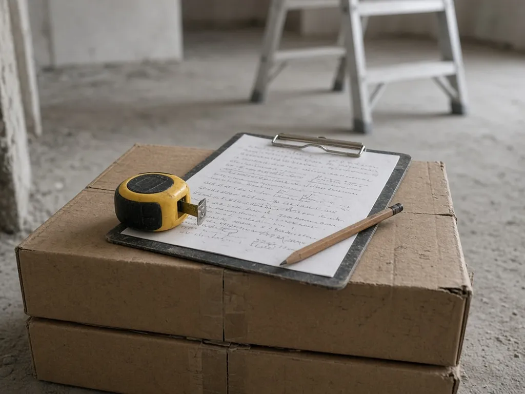 A clipboard with handwritten notes, a tape measure and a pencil resting on boxes of floor tiles in an unfinished room