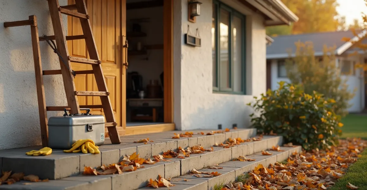 The porch of a stucco house with a wooden ladder against the wall, a metal toolbox and yellow work gloves on the concrete steps, fallen autumn leaves and warm late-afternoon light